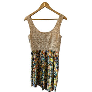 STREETWEAR SOCIETY Tan Lace Floral Print Scoop Neck Sleeveless Dress M